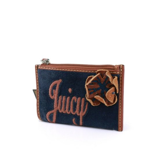 MWT Juicy Couture Coin Case Velour Flower Navy Pink - Picture 3 of 7